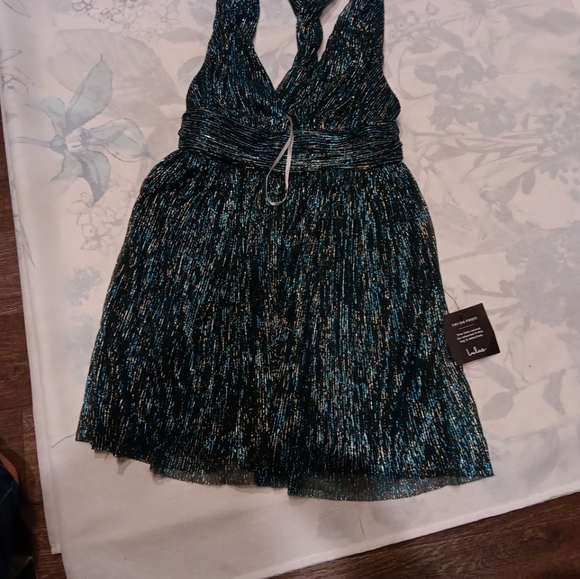 Lulus Ailey Gold and Teal Blue Skater Dress Size S - Picture 4 of 7